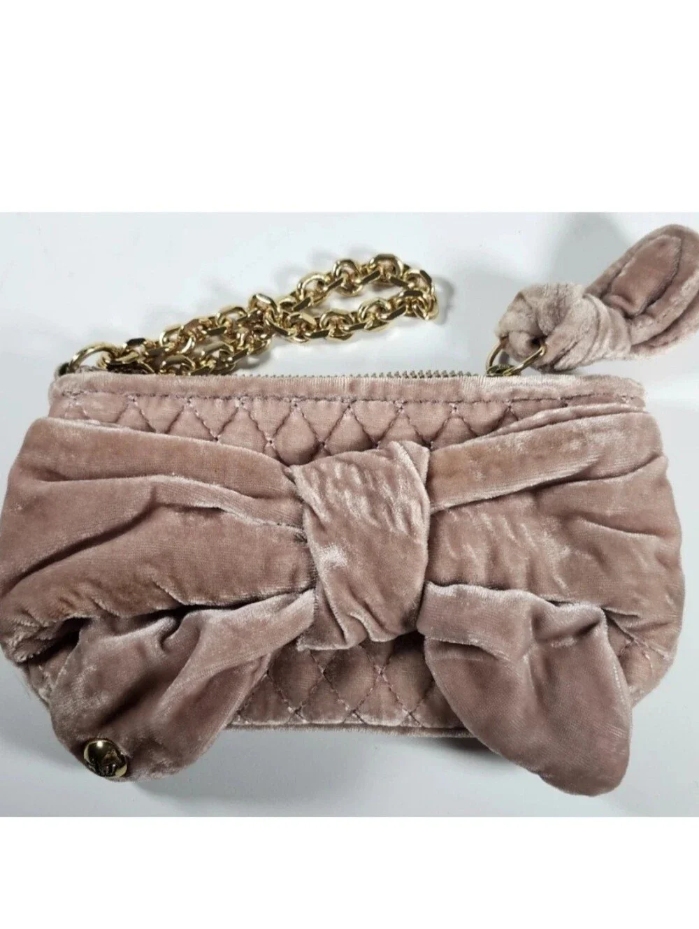 Juicy Couture Pink Bow Velvet Clutch/ Hand Bag Wristlet W/ Gold Color Chain